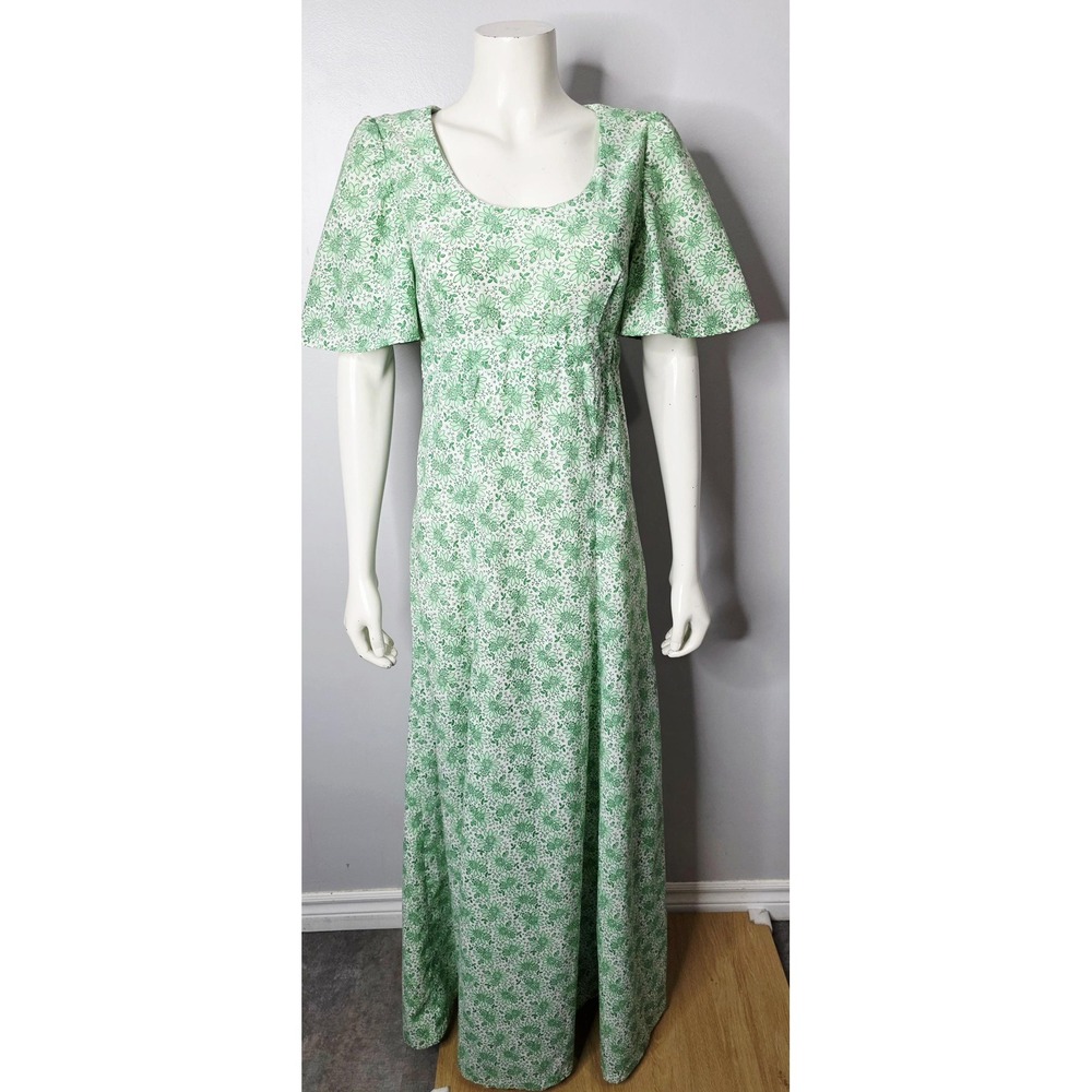 Vintage 1970s Kelly Green Floral Maxi Dress